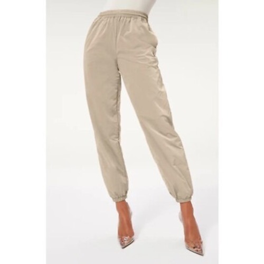 Good American Parachute Cargo Pants Brindle‎ Tan Nylon Joggers Size 4 GP0871
